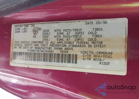 1998 Toyota Tacoma Base V6 from USA, damaged, VIN 4TAWN72N7WZ141841